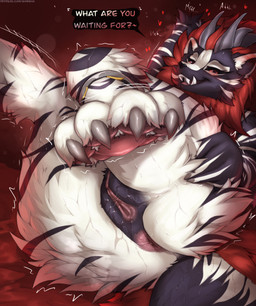 anal_fluids anthro anus blush bodily_fluids butt claws female female_anthro fur genital_fluids genitals hair horn looking_at_viewer lying multicolored_body multicolored_fur nude on_back pawpads paws presenting presenting_anus presenting_vulva red_eyes red_hair simple_background smile solo spread_butt spread_vulva spreading striped_body stripes tail teeth tongue vaginal_fluids vulva white_body conditional_dnp shirsha mythology felid feline hybrid mammal mythological_creature absurd_res digital_media_(artwork) hi_res