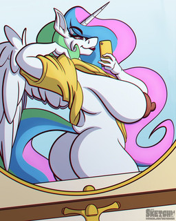 anthro areola big_breasts big_butt biped breasts butt clothed clothing eyebrows female fingers hair horn nipples pupils smile solo thick_thighs three-quarter_view wings sketchybug friendship_is_magic hasbro my_little_pony mythology princess_celestia_(mlp) equid equine mammal mythological_creature mythological_equine winged_unicorn 4:5