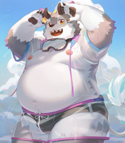 anthro beach belly blush bulge clothing fur grey_body grey_fur horn male navel nipples overweight pawpads sharp_teeth solo speedo swimwear teeth yellow_eyes seamonsterping lifewonders tokyo_afterschool_summoners belphegor_(tas) demon absurd_res hi_res