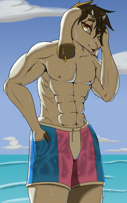 abs anthro backlighting brown_body brown_fur brown_hair clothing cloud ear_piercing ear_ring fur hair hand_in_hair hand_in_pocket horizontal_pupils horn lgbt_pride light male multicolored_body multicolored_fur muscular muscular_anthro muscular_male nipples open_mouth pale_fur piercing pockets pride_color_clothing pride_colors pupils ring_piercing sea sky small_horn solo solo_focus swimming_trunks swimwear touching_hair transgender_pride_colors water water_drop wet wet_clothing burnyburnstein bovid caprine mammal 5:8 absurd_res digital_media_(artwork) hi_res lighting