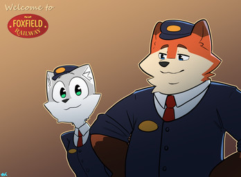 anthro arms_bent black_eyebrows black_nose blue_clothing blue_eyes blue_hat blue_headwear blue_jacket blue_topwear brown_background brown_ear_tips brown_eyebrows cheek_tuft closed_smile clothed clothed_anthro clothed_female clothed_male clothing company_logo dipstick_ears duo ear_markings eyebrows facial_tuft female female_anthro fur gradient_background green_eyes grey_body grey_fur hat headgear headwear jacket larger_anthro larger_male leaning leaning_forward male male_anthro mouth_closed multicolored_body multicolored_ears multicolored_fur neck_tuft necktie no_pupils orange_body orange_fur outline red_necktie rolled_up_sleeves simple_background size_difference smaller_anthro smaller_female smile smiling_at_another smiling_at_viewer tan_body tan_fur tan_outline text topwear train_conductor tuft two_tone_body two_tone_fur white_body white_dress_shirt white_fur k_o_tsitraeht foxfield_railway reg_the_railway_fox zoe_(zoeandtom) canid canine domestic_cat felid feline felis fox mammal 2026 colored digital_drawing_(artwork) digital_media_(artwork) english_description english_text shaded signature