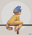 anthro blue_body blue_fur blue_hair breasts brown_eyes butt clothing egyptian egyptian_clothing egyptian_headdress eyelashes female female_anthro fur grey_background hair looking_aside looking_at_viewer markings narrowed_eyes nude nude_anthro nude_female plantigrade pose ring_(marking) ringed_tail short_hair side_view simple_background sitting solo striped_markings striped_tail stripes tail tail_markings thick_thighs three-quarter_view wide_hips yellow_body yellow_fur ducod animal_crossing nintendo ankha_(animal_crossing) domestic_cat felid feline felis mammal absurd_res full-length_portrait hi_res pinup portrait