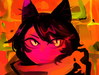 black_hair brick brick_wall bright_colors clothed clothing female fully_clothed hair monster_girl_(genre) pupils scarf short_hair slit_pupils solo wall_(structure) yellow_eyes bracketsxxx delicious_in_dungeon izutsumi_(delicious_in_dungeon) domestic_cat felid feline felis humanoid mammal bust_portrait digital_media_(artwork) portrait restricted_palette