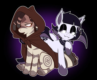 black_collar black_eyeshadow black_hair collar collar_only cute_fangs dreadlocks duo eyeshadow fangs female feral fur grey_body grey_fur hair half-closed_eyes looking_at_another looking_back makeup male markings mole_(marking) narrowed_eyes nude open_mouth orange_eyes pale_fur pupils purple_eyes purple_hair purple_wings red_hood smile smirk teeth white_body white_fur wings canaryprimary hasbro my_little_pony enzi_(canaryprimary) poison_(nami955) bat_pony equid equine mammal zebra 2026 hi_res