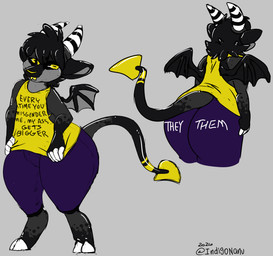 anthro back_wings big_butt butt hooves horizontal_pupils latex pupils raised_wings spade_tail spread_wings tail text thick_thighs wings bovid caprine caprine_demon demon goat goat_demon hybrid mammal english_text hi_res