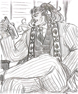 accessory anthro beard bottle container facial_hair male necktie solo donguri306 lifewonders tokyo_afterschool_summoners simurgh_(tas) avian bird hi_res monochrome