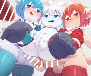 anthro blue_hair blush bodily_fluids butt censored_genitalia censored_penis clothing cum_dripping_from_penis fur genital_fluids genitals group hair legwear maid_uniform male male/male penile penis penises_touching precum presenting presenting_another presenting_hindquarters red_hair simple_background spiral spiral_eyes tan_body tan_fur thigh_highs trio uniform white_background white_body white_fur white_hair young aoino spica_(aoino) stella_(aoino) thuy felid feline lagomorph mammal censored
