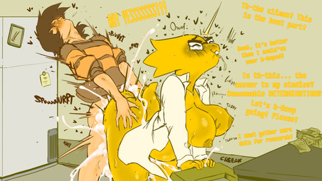 ambiguous_penetration anthro anthro_penetrated appliance arched_back areola belly bent_over big_breasts big_butt bite biting_lip biting_own_lip blush blush_lines bodily_fluids bottomless bouncing_breasts breasts brown_hair buckteeth butt butt_grab butt_slam butt_slap chair chair_breaking clothed clothing coat cum cum_explosion cum_inflation cum_inside detailed_background dialogue drooling duo ejaculation excessive_cum excessive_genital_fluids eyes_closed eyewear female female_on_human female_penetrated fridge from_behind_position fucked_silly furniture genital_fluids glasses hair hand_on_butt head_back heart_symbol human_on_anthro human_penetrating human_penetrating_anthro inflation interspecies kitchen_appliance lab_coat leaning_on_object looking_pleasured male male/female male_on_anthro male_penetrating male_penetrating_female mostly_nude nerd nipples orgasm pale_skin penetration rectangular_glasses saliva scales self_bite sex short_tail slap slightly_chubby slightly_chubby_anthro slightly_chubby_female spurting sweat sweater table tail teeth text thick_tail three-quarter_view topwear yellow_body yellow_scales fakeryway undertale undertale_(series) alphys frisk_(undertale) human lizard mammal reptile scalie 16:9 english_text hi_res widescreen