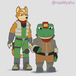 anthro belt biped black_nose boots bottomwear brown_clothing brown_jacket brown_topwear clothing duo eyes_closed fingerless_gloves footwear fur gloves green_body green_bottomwear green_clothing green_pants green_shirt green_skin green_topwear grin handwear hat headgear headwear holding_another hug jacket male orange_body orange_bottomwear orange_clothing orange_fur orange_pants orange_shirt orange_tail orange_topwear pants scarf shadow shirt shoes simple_background size_difference smile standing surprised tail tan_body tan_fur tan_skin teeth text topwear white_background raemyshu nintendo star_fox fox_mccloud slippy_toad amphibian canid canine fox frog mammal 1:1 2026 animated animated_gif artist_name digital_media_(artwork) short_playtime