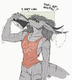 andromorph anthro beverage bottomless clothed clothing coffee dialogue drinking ear_piercing ear_ring furgonomic_piercing furgonomics genitals hair horn horn_piercing horn_ring_(piercing) intersex jewelry muscular muscular_andromorph muscular_intersex partially_clothed piercing ring_piercing shirt simple_background solo standing tail tank_top text text_on_clothing text_on_topwear topwear vulva white_background dreycothewyrm mythology dragon mythological_creature mythological_scalie scalie 2025 english_text hi_res