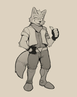 anthro belt boots bottomwear clothing cute_fangs fangs fingerless_gloves footwear gesture gloves hand_gesture handwear kerchief looking_at_viewer male neckerchief neckwear pants shoes simple_background smile solo teeth thumbs_up topwear vest daftpatriot nintendo star_fox fox_mccloud canid canine fox mammal 4:5 greyscale hi_res monochrome