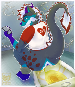 anthro big_butt big_tail bodily_fluids butt clothing electronics fur genital_fluids hair horn male peeing phone shirt sitting solo t-shirt tail text toilet toilet_seat toilet_use topwear urine watersports mirok lyonel_(lyonelhy) hi_res