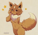 2021 anthro anthrofied black_eyebrows breasts brown_body brown_breasts brown_ears brown_fur brown_hair brown_inner_ear brown_pussy brown_tail canid digital_media_(artwork) eevee eyebrows female fluffy fluffy_tail fur generation_1_pokemon genitals hair hand_on_cheek hand_on_hip hand_on_leg hi_res inner_ear_fluff looking_at_viewer mammal navel neck_tuft nintendo nipples nude pawpads paws pokemon pokemon_(species) pokemorph pussy shaded simple_background small_breasts solo star star_symbol stars_around_body stars_around_head tail thick_thighs tuft two_tone_tail waspsalad white_tail white_tuft