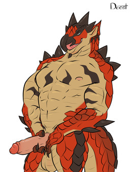 abs anthro anthrofied arm_spikes balls bedroom_eyes biceps chin_spikes ear_spikes erection facial_spikes front_view genitals head_spikes holding_penis humanoid_genitalia humanoid_penis licking licking_lips licking_own_lips looking_at_viewer male male_anthro muscular muscular_male narrowed_eyes nipples nude pecs penis pointy_ears presenting presenting_penis red_body red_scales scales seductive shoulder_spikes simple_background solo spikes spikes_(anatomy) standing tongue tongue_out white_background doost capcom monster_hunter fan_character leo_(lieutenantskittles) flying_wyvern rath_wyvern rathalos scalie 2021 absurd_res hi_res portrait three-quarter_portrait