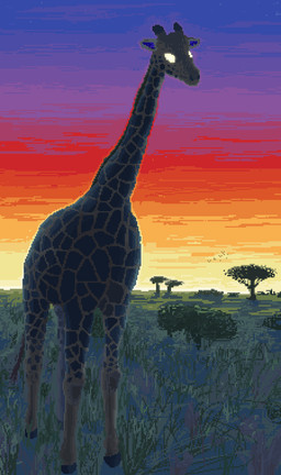 ambiguous_feral ambiguous_gender detailed_background feral outside plant savanna solo sunset tree demensa giraffe giraffid mammal 2021 digital_media_(artwork) full-length_portrait hi_res pixel_(artwork) portrait