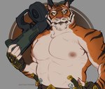 abs amber_eyes amber_sclera anthro biceps bottomwear claws clothing eye_scar facial_scar fangs finger_claws fur gloves gun handwear holding_object holding_weapon knife looking_at_viewer male muscular muscular_anthro muscular_male nipples pecs ranged_weapon scar sharp_teeth solo teeth triceps weapon kitkattwinkie epic_games fortnite oscar_(fortnite) bengal_tiger felid mammal pantherine tiger 2024 half-length_portrait hi_res portrait