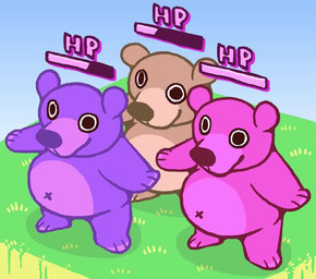 ambiguous_gender anthro belly_jiggle blank_stare brown_body brown_fur countershading fur gameplay_mechanics grass group gui health_bar idle_animation jiggling navel overweight overweight_ambiguous pink_body pink_fur plant purple_body purple_fur spread_arms trio wide_eyed paddlebear bear mammal 2d_animation animated frame_by_frame no_sound short_playtime