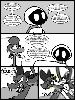 anthro armor big_penis bottomless breastplate cape clothed clothing dialogue ellipsis fangs female feral fist flaccid genitals group hair knee_pads larger_feral larger_male looking_up male motion_blur mouthless no_pupils onomatopoeia penis punch robe sharp_teeth shirt shoulder_pads size_difference smaller_anthro smaller_female smaller_male sound_effects speech_bubble tank_top teeth text topwear ultilix european_mythology mythology caspar_(ultilix) emerald_(ultilix) leo_the_magician ruby_(ultilix) amphibian dragon frog mythological_creature mythological_scalie scalie shadow_creature western_dragon 2025 comic english_text greyscale monochrome multiple_scenes spot_color brother_(lore) brother_and_sister_(lore) sibling_(lore) sister_(lore)