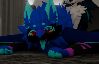 anthro bed bedroom blue_body blue_fur blue_tongue blue_wings blush curtains doggystyle duo electronics faceless_character faceless_male from_behind_position fur furniture looking_pleasured male male/male one_eye_closed sex television tongue tongue_out white_body white_fur wings diamondprotogen diamond_(diamondprotogen) novabeast hi_res