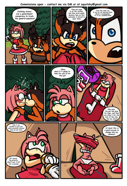 anthro blue_eyes blush blush_lines boots bra brown_body brown_clothing brown_fur brown_topwear camp camping clothed clothed_anthro clothed_female clothing conspiracy conspiracy_theory dialogue duffel_bag duo evergreen_tree eyelashes fangs female flustered footwear forest fully_clothed fully_clothed_anthro fully_clothed_female fur gloves green_eyes handwear multicolored_body multicolored_fur orange_body orange_fur panties partially_clothed_anthro partially_clothed_female personal_space_invasion pine_tree pink_body pink_fur pink_quills plant quills_(anatomy) red_boots red_clothing red_footwear sharp_teeth shoes socks speech_bubble tan_arms tan_inner_ear tan_mouth teeth text topwear tree uncomfortable underwear undressing_self white_bra white_clothing white_footwear white_gloves white_handwear white_panties white_socks white_underwear himitsu sqootshy sega sonic_boom sonic_the_hedgehog_(series) amy_rose sticks_the_jungle_badger badger eulipotyphlan hedgehog mammal mustelid musteline 2026 absurd_res comic english_text hi_res multiple_scenes url