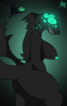 anthro black_body female glowing glowing_eyes multi_eye shark_tail sharp_teeth solo teeth atscribble pressure_(roblox) roblox eyefestation_(pressure) aquatic fish shark hi_res