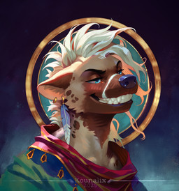 abstract_background anthro blue_eyes bodypaint cheek_tuft ear_piercing ear_ring ears_back evil_grin face_paint facial_tuft feather_ear_ring gold_(metal) gold_ear_ring gold_jewelry grin hair inner_ear_fluff jewelry kerchief looking_aside male neckerchief neckwear piercing pivoted_ears red_kerchief red_neckerchief ring_piercing smile solo subsurface_scattering three-quarter_view tuft white_hair kounalix hyena mammal 2025 absurd_res hi_res portrait watermark