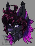 anthro black_body fangs hair highlights_(coloring) male pink_highlights purple_eyes purple_hair purple_highlights solo teeth vashtwiist suerte domestic_cat felid feline felis mammal 3:4 hi_res