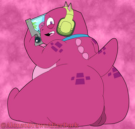 anthro balls butt electronics genitals headphones looking_at_viewer male pink_body sitting solo tablet turned_around turned_away alonzodrawsafterdark gameoverse glitch_productions gobbles_(gameoverse) dinosaur prehistoric_species reptile scalie 2026 hi_res