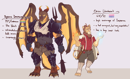 3_toes 4_toes 5_fingers anthro armor belt belt_pouch bisexual_pride_colors black_clothing black_shirt black_topwear bottomwear brown_body brown_bottomwear brown_clothing brown_hair brown_pants brown_scales clothed clothing countershading dagger duo elemental_manipulation feet fingerless_gloves fingers fire fire_manipulation footwear fully_clothed fur gloves greaves hair handwear holding_object holding_weapon ice_manipulation imperial_unit jewelry lgbt_pride looking_at_viewer magic magic_user male mane melee_weapon membrane_(anatomy) membranous_wings necklace pants polearm pride_colors rainbow_flag rainbow_pride_flag rainbow_symbol red_clothing red_shirt red_topwear scabbard scales serious shirt spear standing tail tail_tuft tan_body tan_fur tan_scales text toeless_footwear toes topwear tuft vambrace weapon wings xeoniios mythology orion_(xeoniios) ryzz_(xeoniios) dragon felid lion mammal mythological_creature mythological_scalie pantherine scalie 2020 absurd_res digital_media_(artwork) english_text hi_res model_sheet
