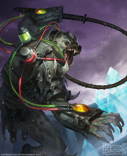 ambiguous_gender anthro armor brown_body brown_fur claws cloud ear_piercing ear_ring fur holding_object holding_whip ice open_mouth outside piercing ring_piercing snow snowing solo text tube whip brian_valeza hex:_shards_of_fate hyena mammal 2017 digital_media_(artwork) english_text official_art
