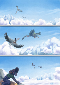 ambiguous_gender anthro biped black_body black_fur black_tail clothed clothing cloud day feral flower flying fur grey_body hat headgear headwear outside plant proboscis_(anatomy) riding saddle tail trunk_(anatomy) bjekkergauken mythology imbali_(bjekkergauken) isilo_(bjekkergauken) avian elephant elephantid gryphon humanoid mammal mythological_avian mythological_creature proboscidean unknown_species 2026 colored comic hi_res