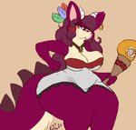 anthro big_breasts blush breasts cleavage clothed clothing dress female simple_background solo tail thick_thighs wide_hips rachellebun mythology dragon mythological_creature mythological_scalie scalie absurd_res hi_res