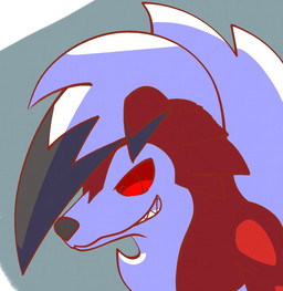 abstract_background ambiguous_gender anthro ear_markings feet floppy_ears fur hair markings multicolored_body multicolored_fur pupils red_body red_ears red_eyes red_pupils red_sclera simple_background snout solo teal_background teeth white_body white_hair momensarada nintendo pokemon generation_7_pokemon lycanroc midnight_lycanroc pokemon_(species) 2022 colored headshot_portrait hi_res portrait