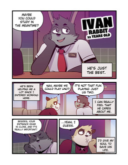 anthro apron bored clothing dialogue duo eye_contact eyes_closed four_frame_image fur green_apron green_clothing grey_body grey_fur head_on_hand inside looking_at_another male nameplate necktie shirt speech_bubble tan_body tan_fur text topwear white_clothing white_shirt white_topwear t0l0k ivan_(t0l0k) miguel_(t0l0k) herpestid lagomorph leporid mammal meerkat rabbit comic english_text hi_res multiple_scenes