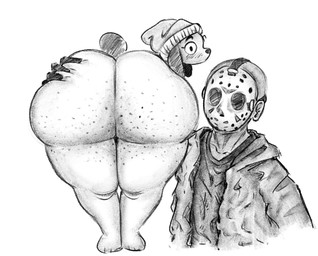 anthro beanie beanie_only big_butt blush blush_lines butt clothing duo female freckled_butt freckles hat hat_only headgear headgear_only headwear headwear_only hockey_mask huge_butt male male/female mask mostly_nude sports_mask sportswear thick_thighs zomerous_(artist) friday_the_13th_(series) jason_voorhees soup_(dokitokiii) canid canine canis domestic_dog human mammal undead hi_res monochrome