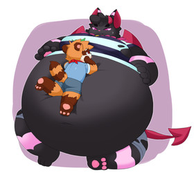 ambiguous_gender anthro belly belly_expansion belly_inflation big_belly bloated bodily_fluids bottomwear clothing duo expansion holding_belly horn huge_belly hyper hyper_belly inflation kerchief laying_on_top markings pattern_clothing pawpads paws shirt shorts striped_clothing striped_markings stripes sweat sweatdrop taut topwear torn_clothing wings skyox kinu_(skyox) lychi_(tuvandalist) bat canid canine demon mammal raccoon_dog tanuki hi_res