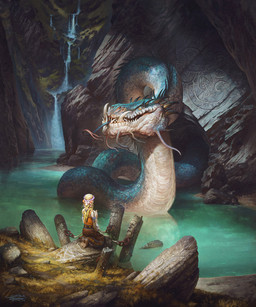accessory ambiguous_gender blonde_hair blue_body blue_scales clothing detailed_background dress duo feral flower flower_in_hair grass hair hair_accessory horn kneeling lake partially_submerged plant river rock runes sand scales smile water whiskers justin_gerard european_mythology mythology dragon human mammal mythological_basilisk mythological_creature mythological_scalie scalie wyrm_(dragon) 2020 hi_res