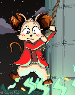 anthro blush blush_lines bottomless building clothed clothing cloud coat electricity facial_tuft female genitals hanging_by_arms leg_markings looking_down markings night notched_ear null rope socks_(marking) solo star tail topwear tower tuft vial vulva soder_cat mina_the_hollower yacht_club_games mina_(mina_the_hollower) mammal mouse murid murine rodent absurd_res digital_media_(artwork) hi_res pixel_(artwork)