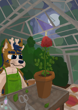 anthro antlers apron apron_only blue_eyebrows blue_eyes blue_hair blue_nose blue_spots brown_body brown_fur clothing cloud dirt eyebrow_scar eyebrows facial_scar flower fur fur_markings gardener gardening gardening_tool grass green_apron green_clothing green_liquid greenhouse hair horn inside male markings moon night orange_liquid pale_fur plant plant_pot purple_liquid scar scissors shrub solo spots tray tree vial vivarium garbage_art deer hybrid hyena mammal 2025 hi_res