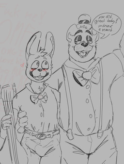 blush blush_lines bow_tie clothing duo electric_guitar erection erection_under_clothing flirting guitar hat headgear headwear heart_symbol hug male musical_instrument plucked_string_instrument string_instrument text chalaren five_nights_at_freddy's scottgames fredbear_(fnaf) spring_bonnie_(fnaf) bear lagomorph leporid mammal rabbit absurd_res english_text hi_res