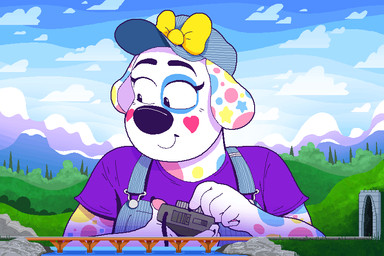 anthro bow_on_head clothed clothing conductor eyelashes fur gesture macro model_train multicolored_body multicolored_fur pawpads smile solo waving waving_at_viewer unusualdolls canid canine canis dalmatian domestic_dog mammal 3:2 aliasing animated digital_media_(artwork)