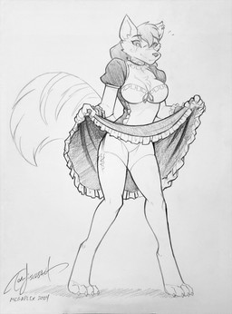 4_toes 5_fingers anthro big_tail biped bottomwear breasts claws cleavage closed_smile clothed clothed_anthro clothed_female clothing clothing_lift digitigrade ear_piercing ear_ring feet female female_anthro fingers flustered fully_clothed fully_clothed_anthro fully_clothed_female garter_straps hair legwear maid_uniform mouth_closed panties piercing ring_piercing skirt skirt_lift smile solo standing stockings tail toe_claws toes underwear uniform conditional_dnp tom_fischbach nari canid canine mammal 2024 dated full-length_portrait graphite_(artwork) greyscale hi_res monochrome portrait signature sketch traditional_media_(artwork)