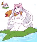 anthro areola big_breasts blush blush_lines breasts clothing collar convenient_censorship crossed_arms eyelashes eyes_closed female fur grey_hair hair hat headgear headwear leaf navel nude partially_submerged pink_areola pink_clothing pink_hat pink_headwear plant simple_background smile solo standing_in_water thick_thighs wet white_background white_body white_fur wide_hips eljarochofeliz electronic_arts plants_vs._zombies popcap_games cattail_(pvz) domestic_cat elemental_creature felid feline felis flora_fauna hybrid mammal absurd_res hi_res