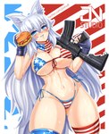 american_flag american_flag_bikini american_flag_thigh_highs assault_rifle big_breasts bikini black_clothing black_fingerless_gloves black_gloves black_handwear blue_eyes blush bodily_fluids breasts burger cleavage clenched_teeth clothed clothing female fingerless_gloves flag_bikini food gloves grin gun hair handwear holding_assault_rifle holding_burger holding_food holding_gun holding_object holding_ranged_weapon holding_rifle holding_weapon huge_breasts legwear light_body light_skin long_hair m4 ranged_weapon rifle smile solo sweat swimwear teeth thick_thighs thigh_highs two-piece_swimsuit united_states_of_america weapon white_hair jnstudio vtuber lumi_(lumituber) animal_humanoid canid canid_humanoid canine canine_humanoid humanoid mammal mammal_humanoid wolf_humanoid absurd_res hi_res