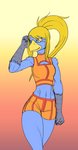 alternate_species anthro athletic athletic_anthro athletic_female athletic_wear blonde_hair blue_body blue_eyes clothing feet female furrification hair looking_aside ponytail shirt solo talons tank_top toes topwear fourssss metroid nintendo samus_aran avian bird chozo hi_res