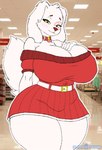 anthro belt big_breasts blush bottomwear breasts cleavage clothed clothing collar curvy_figure dress eyelashes facial_markings female floppy_ears fur hand_on_breast head_markings hourglass_figure huge_breasts logo looking_at_viewer markings photo_background red_clothing red_dress skirt solo standing tail thick_thighs white_belt white_body white_fur yellow_eyes plastic_pyramid target_corporation spot_(jayrnski) bird_dog canid canine canis domestic_dog hunting_dog mammal spaniel 2024 artist_logo digital_media_(artwork) hi_res mixed_media photography_(artwork) portrait signature three-quarter_portrait