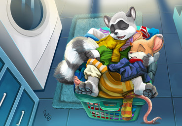 anthro appliance black_nose duo eyes_closed facial_markings floor fur grey_body grey_fur head_markings laundry laundry_basket laundry_machine logo male markings mask_(marking) open_mouth public sleeping striped_markings striped_tail stripes tail tail_markings tile tile_floor washing_machine white_body white_fur young young_anthro young_male pandapaco mammal mouse murid murine procyonid raccoon rodent artist_logo signature
