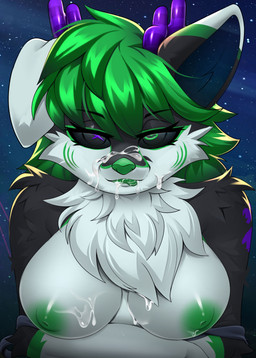 anthro black_body black_fur bodily_fluids breasts clothing cum cum_drip cum_in_mouth cum_inside cum_on_breasts cum_on_face cumshot dripping ejaculation female fluffy fur genital_fluids green_eyes green_hair green_tongue hair horn nipples purple_eyes solo space tongue undressing white_body white_fur moonfluffmf canid canine canis deer domestic_dog fox hybrid mammal hi_res trans_(lore) trans_woman_(lore)