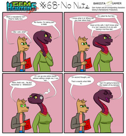 anthro bottomwear chewing clothing cochlear_implant_processor deaf denim denim_bottomwear denim_clothing dialogue female jacket jeans male pants shirt simple_background sweater topwear baristagamerproductions ada_(gem_hunters) alfonso_(gem_hunters) canid canine canis dingo mammal reptile scalie snake absurd_res comic hi_res