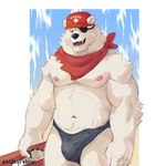 1:1 anthro bear bulge clothing coffeline detailed_bulge epic_games eye_patch eyewear fangs fortnite genital_outline hat headgear headwear hi_res lifeguard looking_at_viewer male mammal musclegut muscular nipples penis_outline polar_bear polar_patroller scarf smile smiling_at_viewer solo speedo swimwear teeth ursine